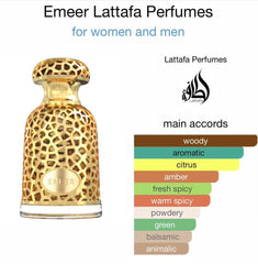 Lattafa Emeer Eau de Parfum Spray for Unisex, 3.4 Ounce / 100 Ml | Long Lasting Fragrance | Notes Bergamot, Lemon, Sandalwood, Patchouli, Cedarwood