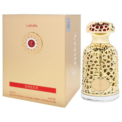 Lattafa Emeer Eau de Parfum Spray for Unisex, 3.4 Ounce / 100 Ml | Long Lasting Fragrance | Notes Bergamot, Lemon, Sandalwood, Patchouli, Cedarwood