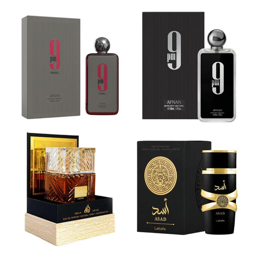 Lattafa Exclusive 4-Piece Fragrance Bundle - Afnan 9PM & 9PM Rebel, Lattafa Asad, & Lattafa Khamrah - 4x 100ml Eau de Parfum Set for Men - Long-Lasting, Versatile, and High-Quality Scents