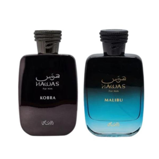 Rasasi Hawas Malibu Eau de Parfum & Kobra for Men – 100ml (3.4oz) Each | A Powerful Duo of Freshness and Strength for the Modern Man