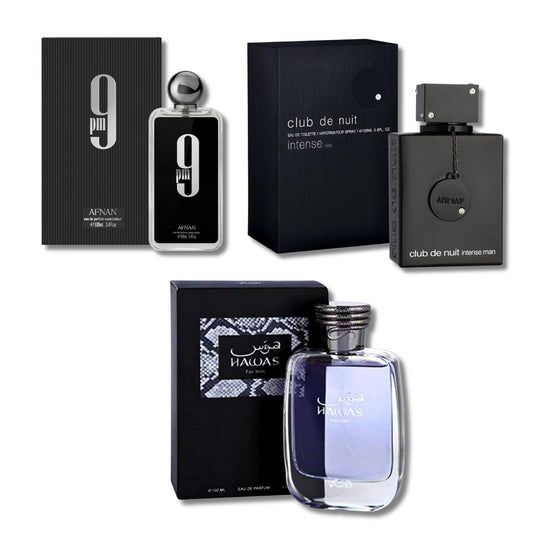 Afnan 9PM, Armaf Club de Nuit Intense & Rasasi Hawas - 3x100ml Eau de Parfum Set for Men