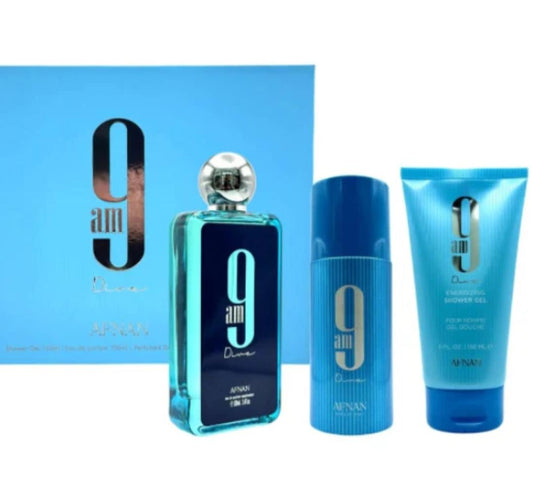 Afnan 9 AM Dive 3Pcs Gift Set includes Eau de Parfum, Shower Gel, and Deodorant Spray with notes of lemon, mint, apple, and jasmine |Long-lasting|