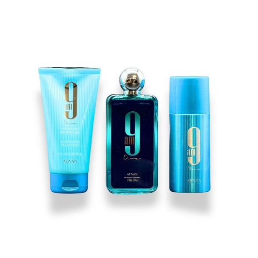 Afnan 9 AM Dive 3Pcs Gift Set includes Eau de Parfum, Shower Gel, and Deodorant Spray with notes of lemon, mint, apple, and jasmine |Long-lasting|