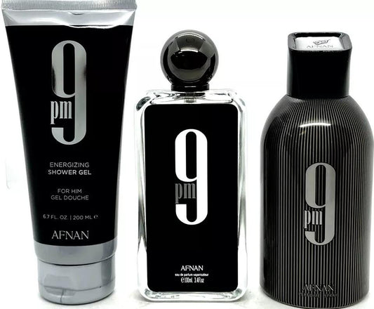 Afnan 9 Pm 3 Piece Gift Set Men  3.4 oz/100 Eau de Parfum Spray, 5.0 oz/150 ml Shower Gel, 5.0 oz/150 ml  Notes Lavender, Apple, Amber and Vanilla