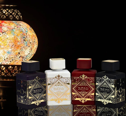 Lattafa Perfumes Bade'e Al Oud for Unisex 4 Piece Eau de Parfum Gift Set (Oud for Glory + Sublime + Amethyst + Honor & Glory) 3.4 Ounce/100 ml each